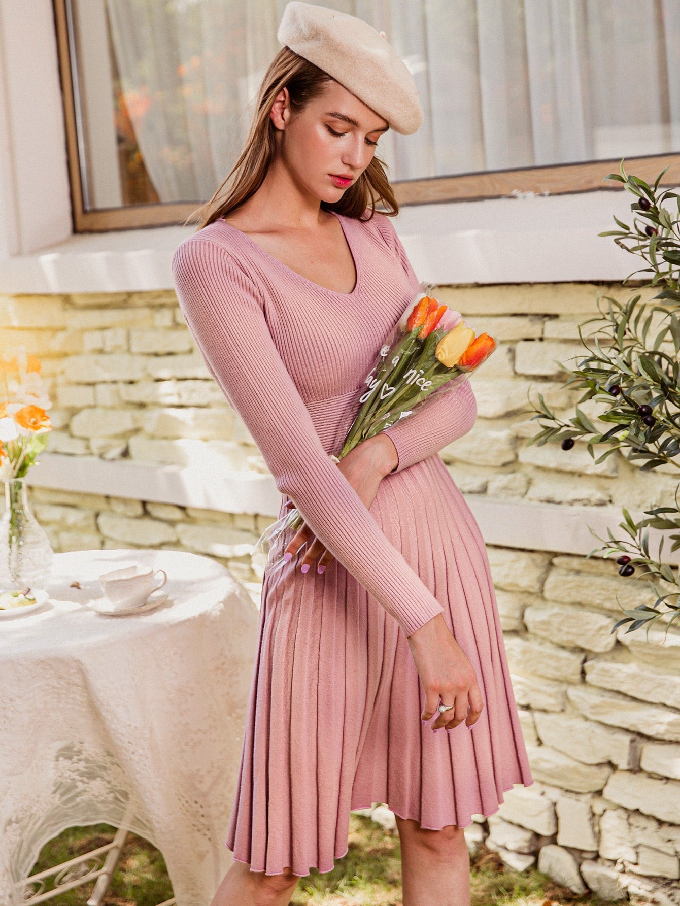 Wide Waistband Rib-knit Sweater Dress