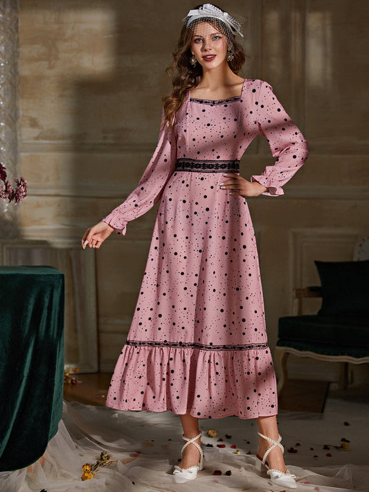 Polka Dot Contrast Lace Ruffle Hem Dress