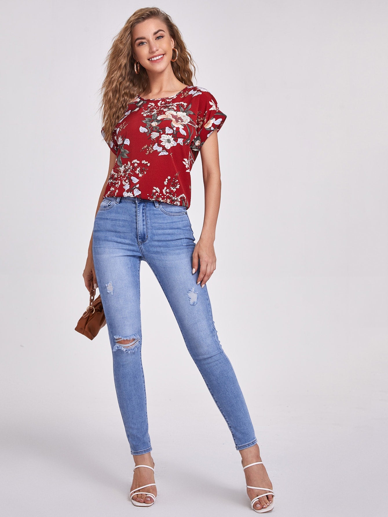 Cuffed Sleeve Floral Print Top