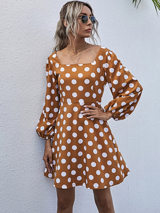 Polka Dot Square Neck Bishop Sleeve Dress