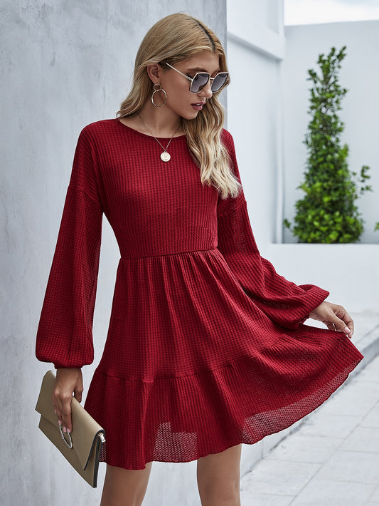 Waffle Bishop Sleeve Ruffle Hem Dress