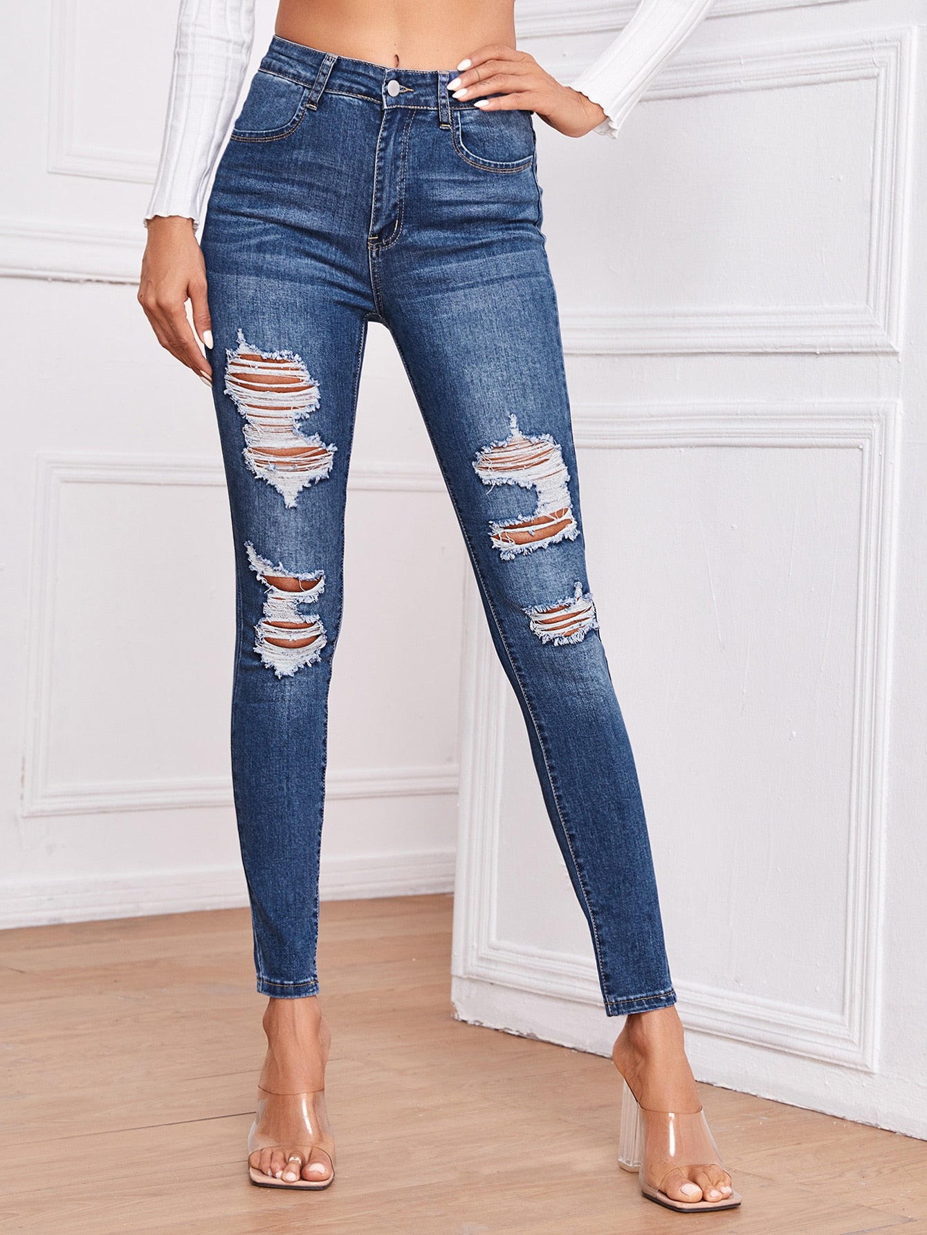 Bleach Wash Ripped Skinny Jeans