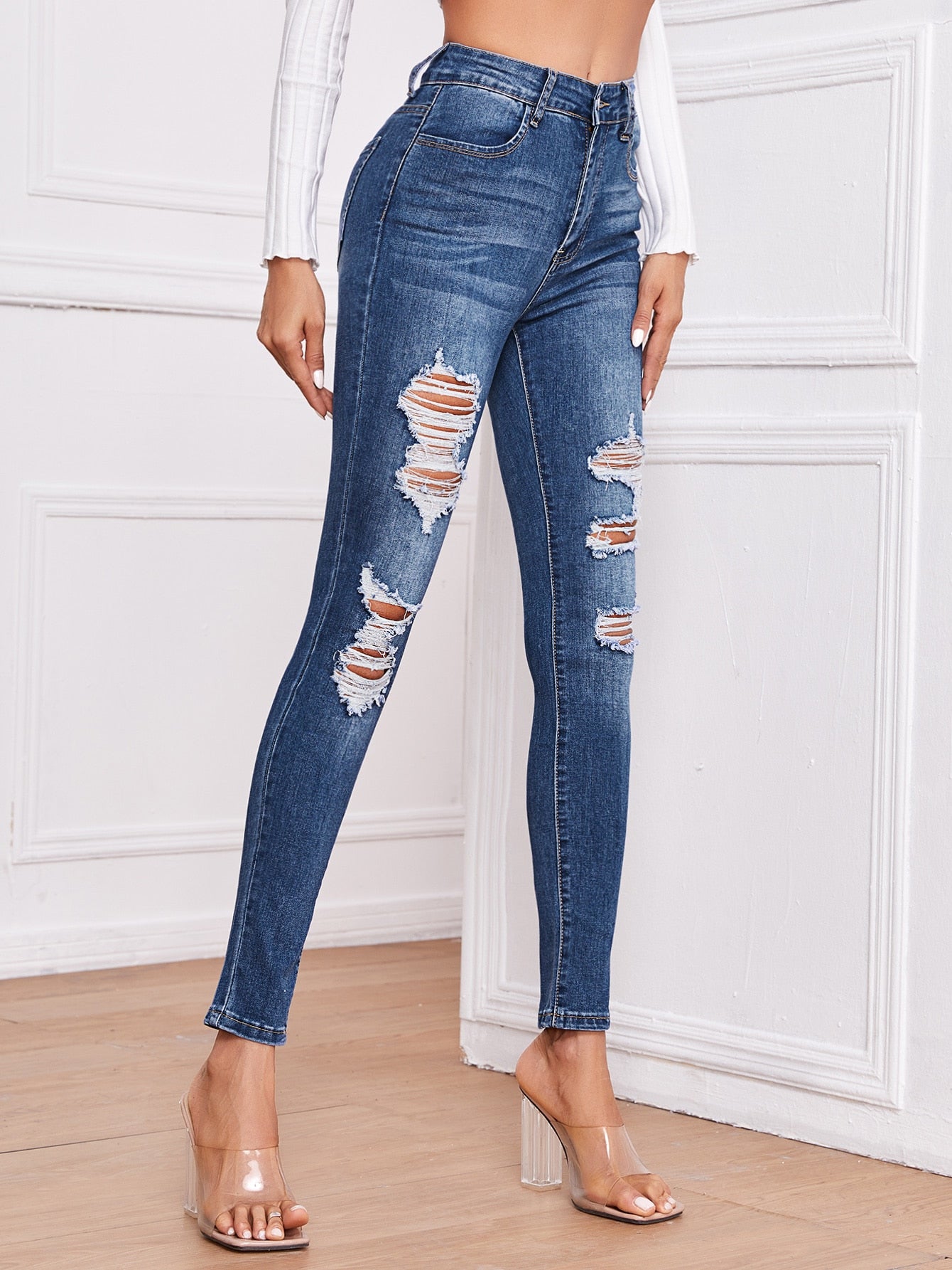 Bleach Wash Ripped Skinny Jeans