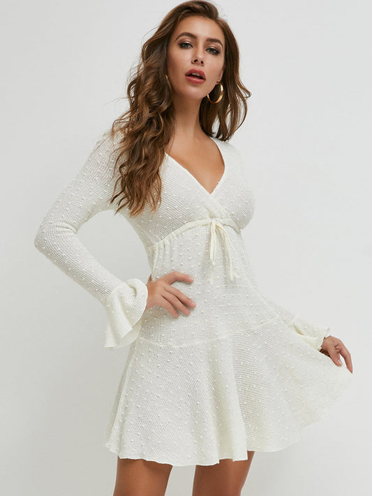 Surplice Neck Tie Front Bell Sleeve Ruffle Hem Dress