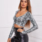 Snakeskin Print Ruched Front Fitted Crop Top