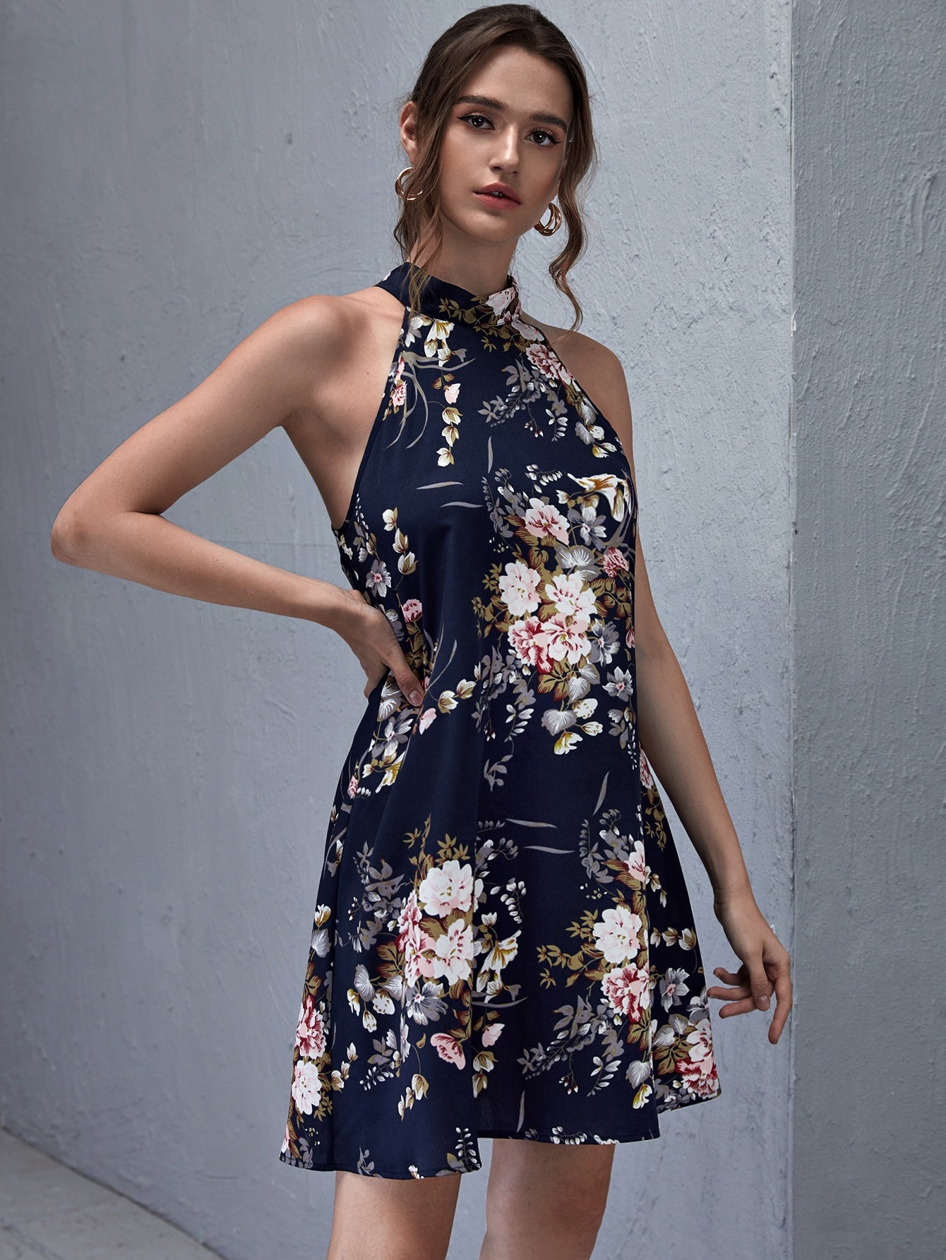 Tie Back Floral Print Halter Dress
