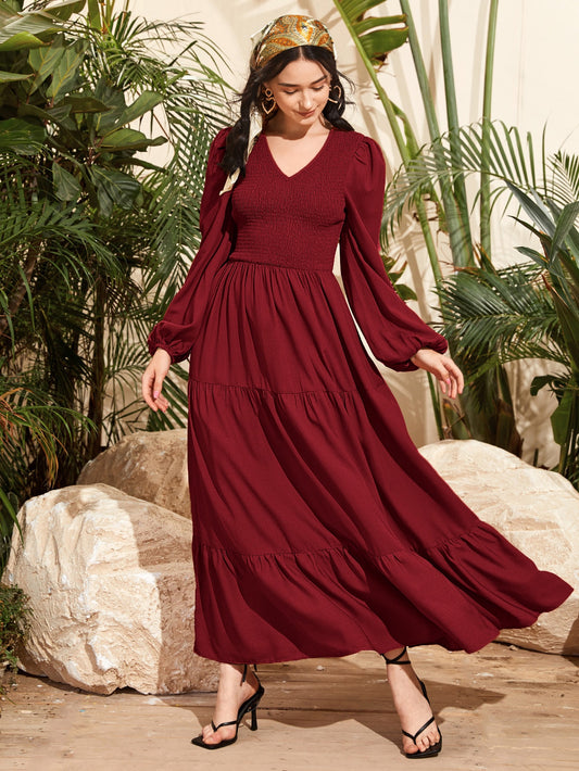 Double V Neck Shirred Bodice Lantern Sleeve Dress