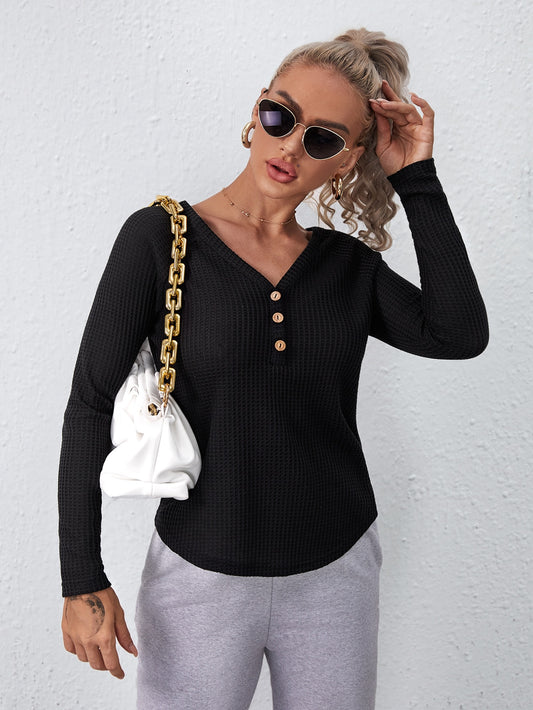 Button Half Placket Waffle Knit Tee