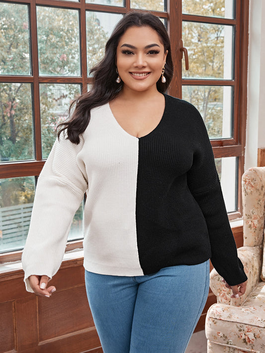 Plus Drop Shoulder Two Tone Sweater