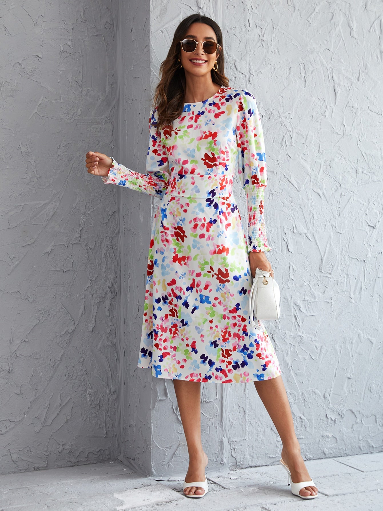 Leg-of-mutton Sleeve Graphic Print Dress