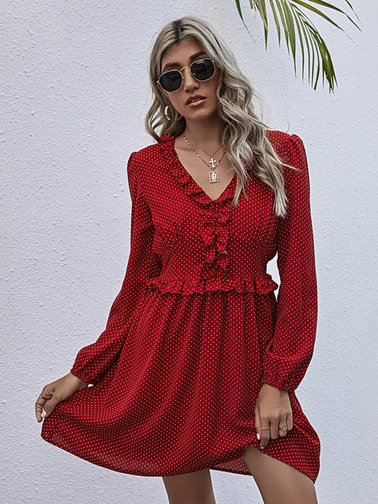 Polka Dot Ruffle Trim A-line Dress