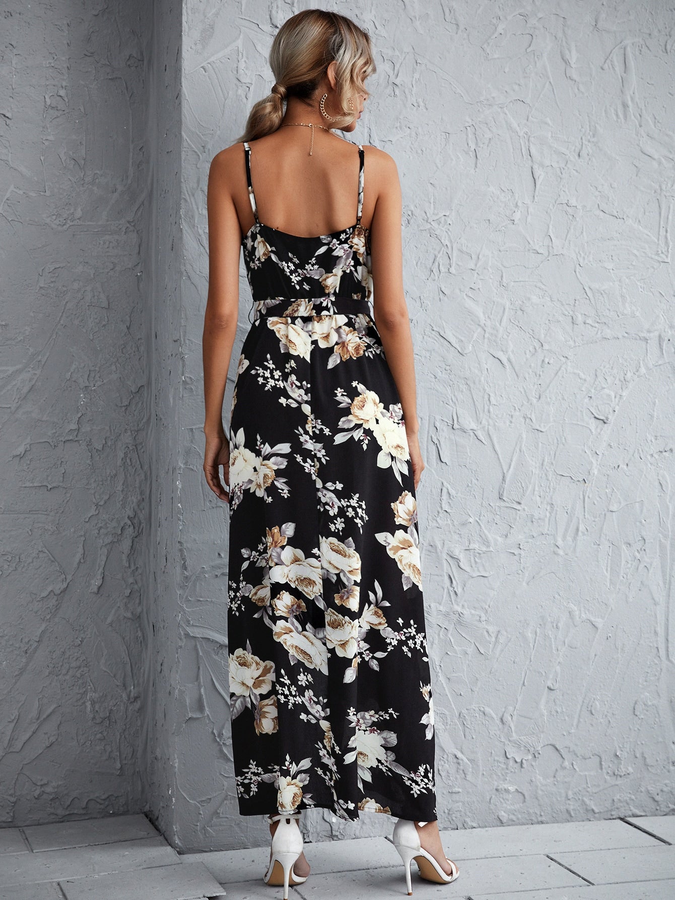 Floral Print Self Belt Wrap Cami Dress