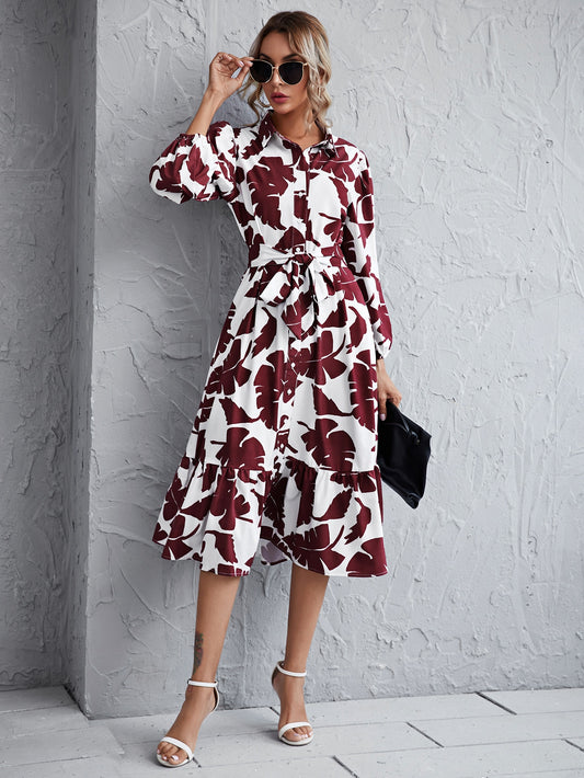 Tropical Print Button Front Belted Ruffle Hem Dress