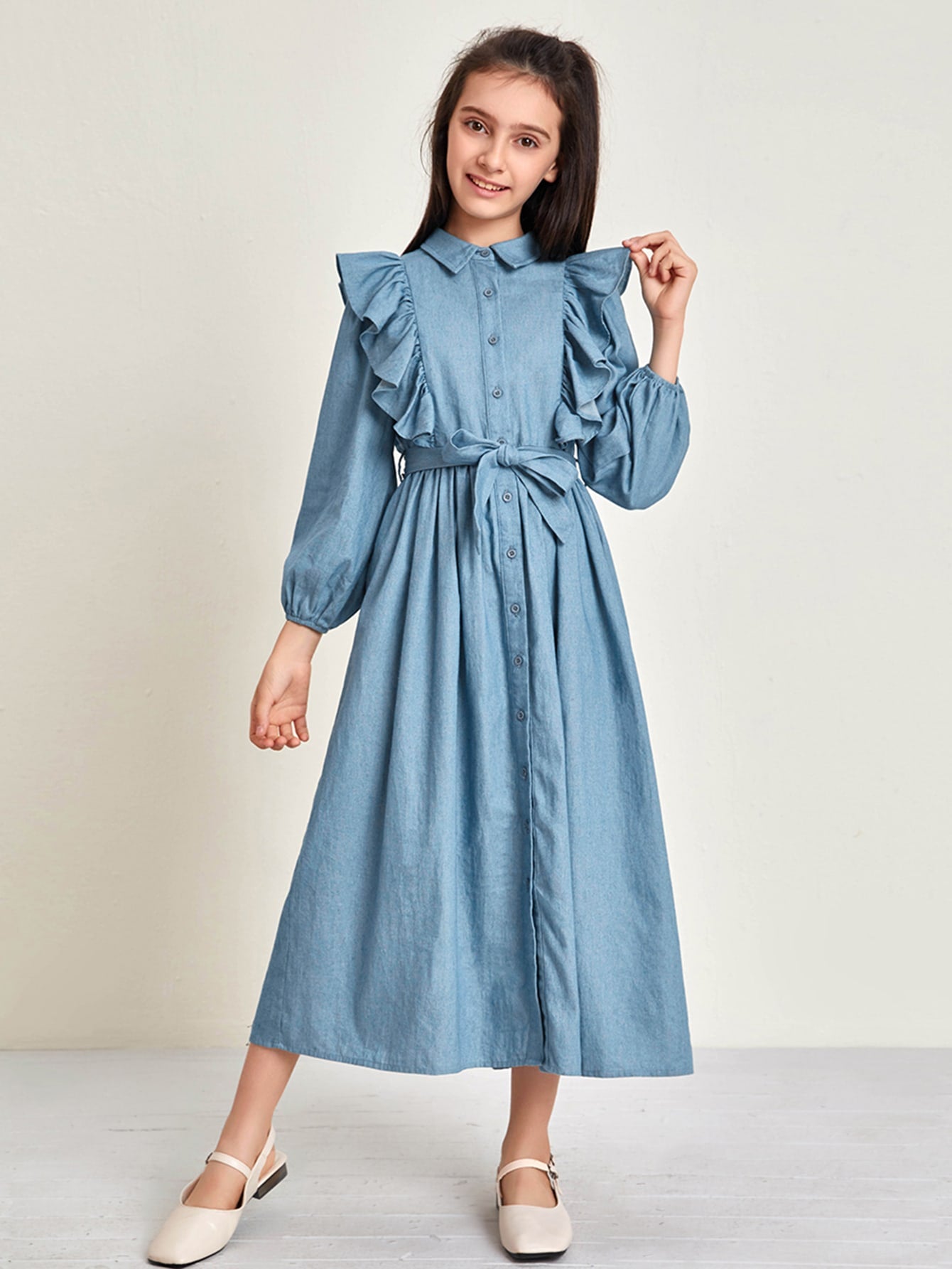 Girls Collared Buttoned Front Self Belted Ruffle Trim Dress