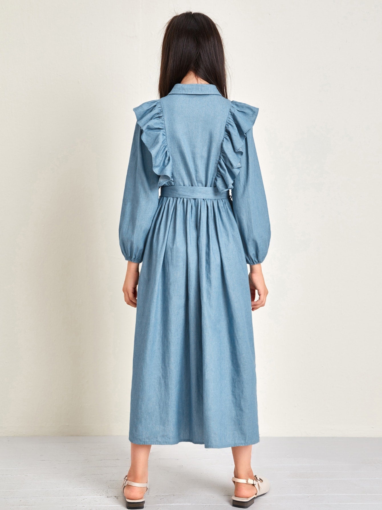 Girls Collared Buttoned Front Self Belted Ruffle Trim Dress