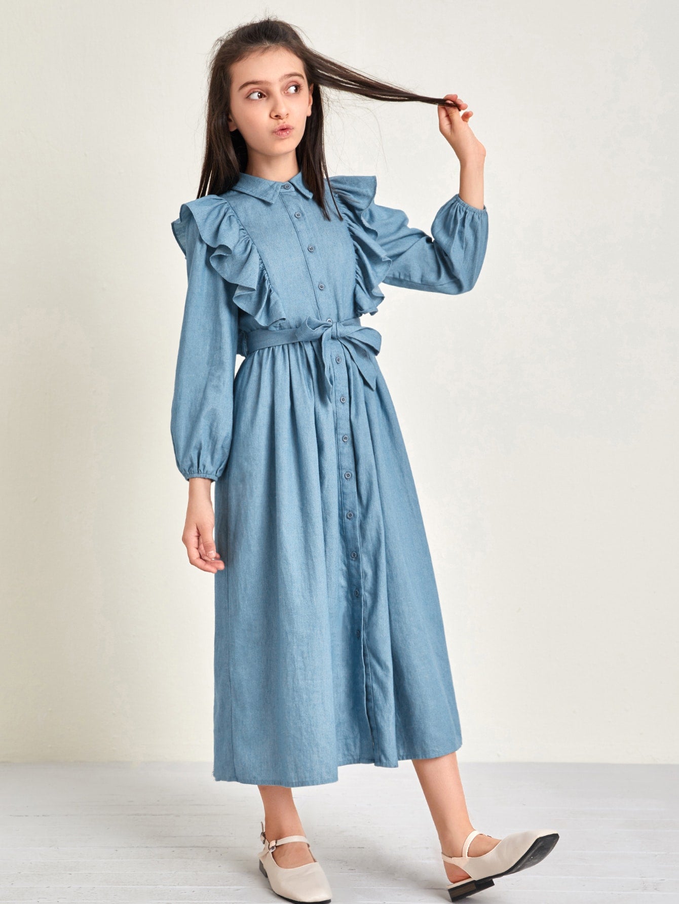 Girls Collared Buttoned Front Self Belted Ruffle Trim Dress