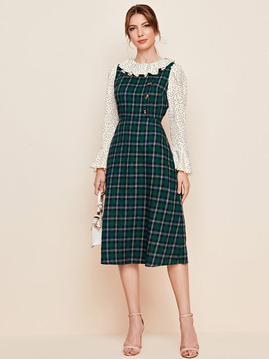 Polka Dot Bell Sleeve Ruffle Trim Tartan Dress