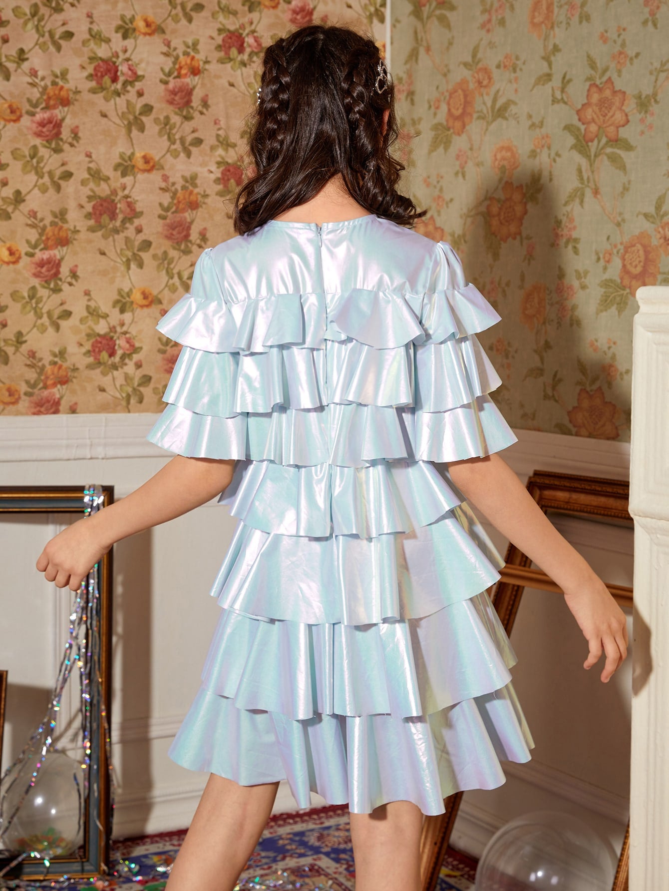 Girls Layered Ruffle Trim Metallic Dress