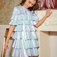 Girls Layered Ruffle Trim Metallic Dress