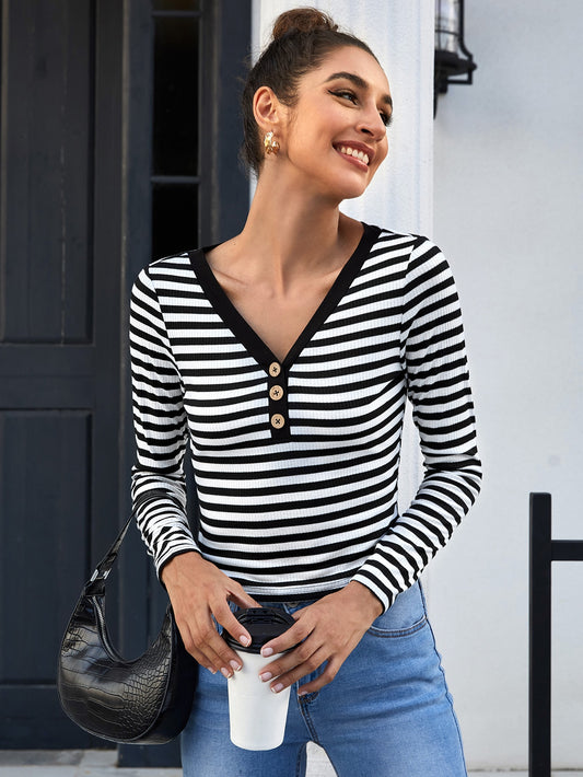 V-neck Button Front Two Tone Striped Tee