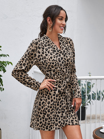 Wrap Belted Leopard Shirt Dress