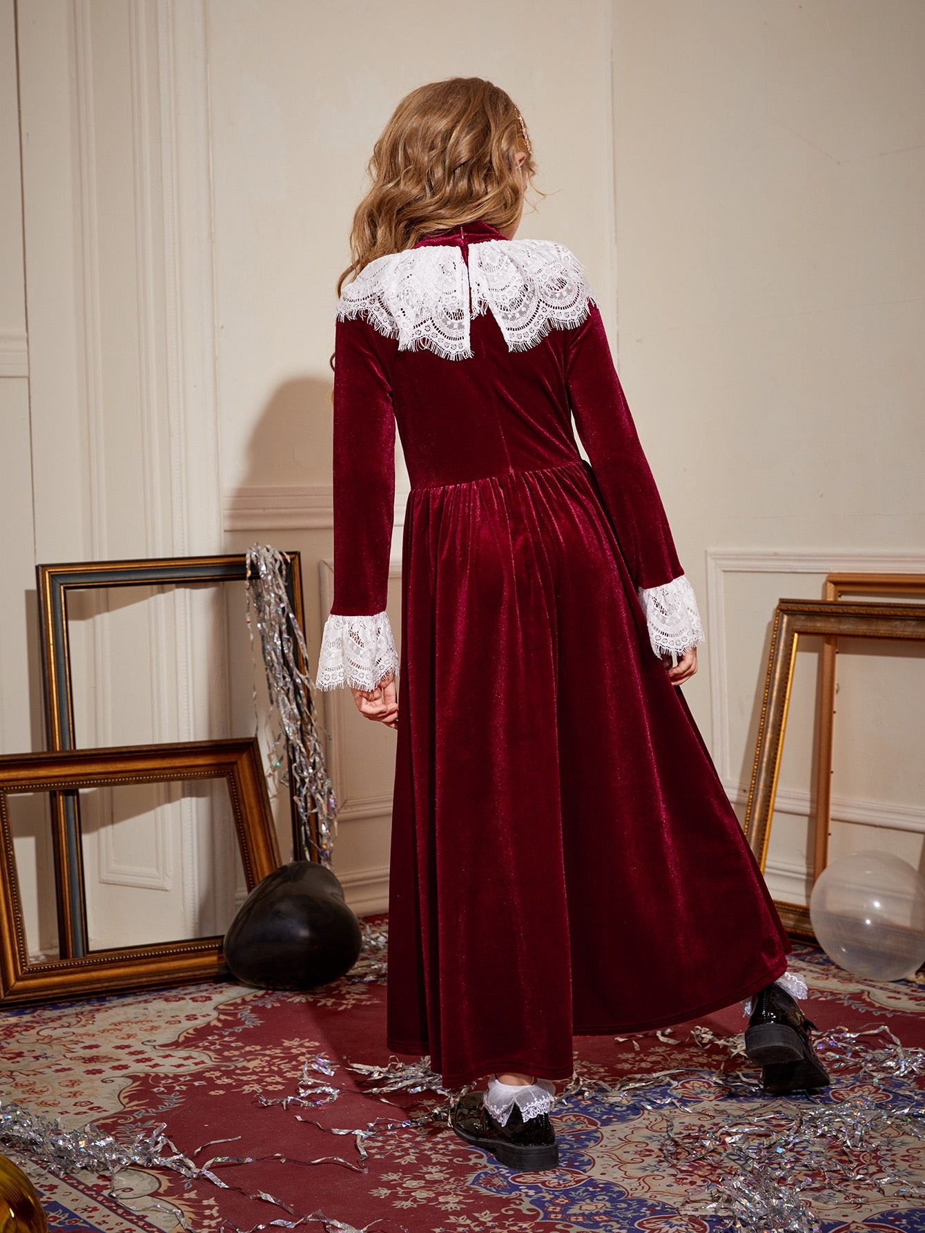 Girls Contrast Lace Trim Velvet Dress – Amy's Cart