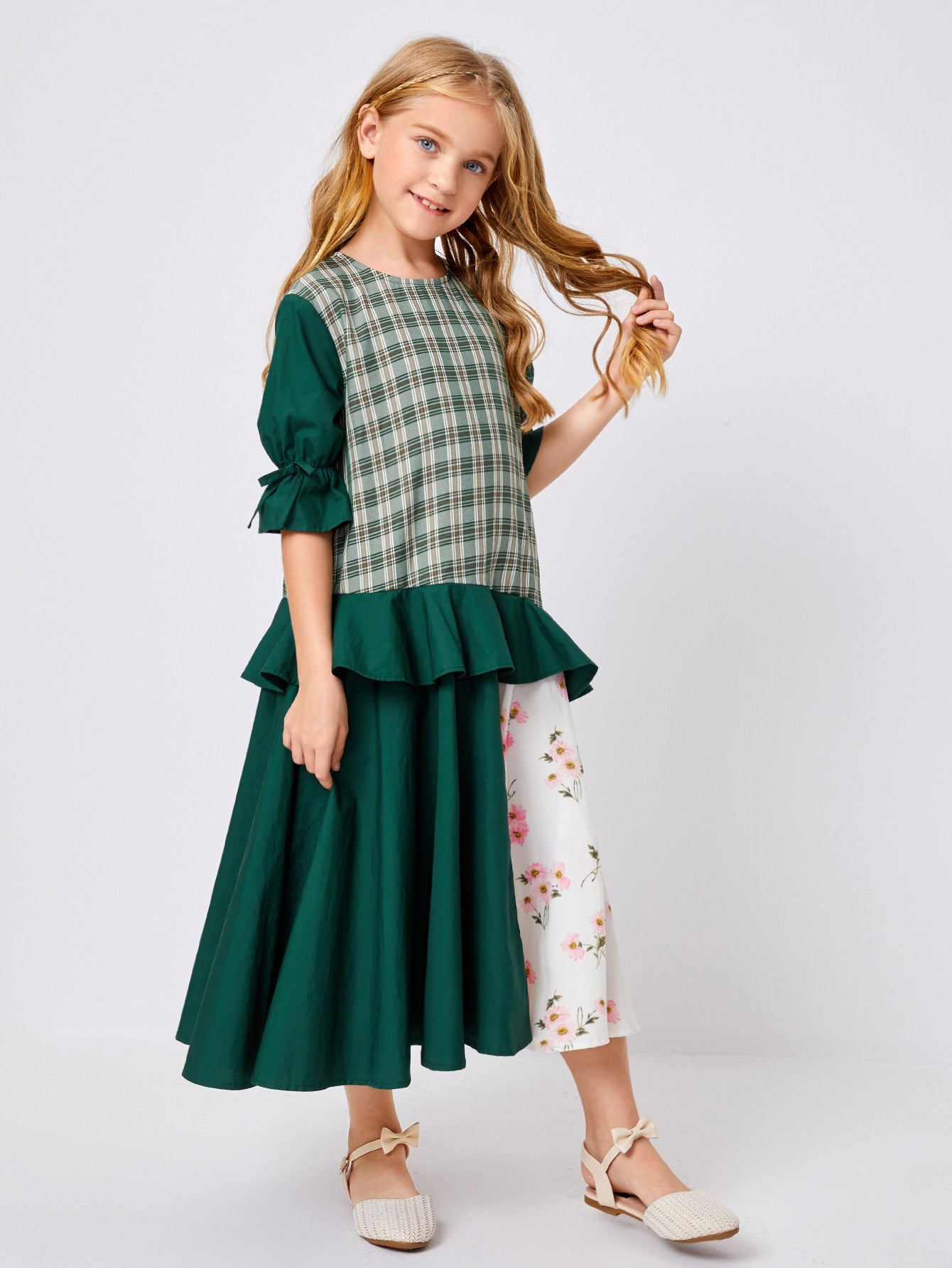 Girls Knot Flounce Sleeve Plaid & Floral Print Dress