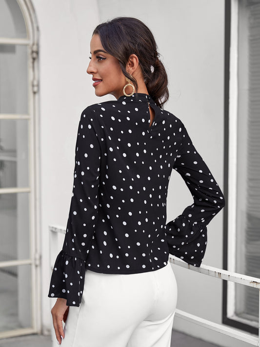 Bell Sleeve Polka Dot Ruched Front Top
