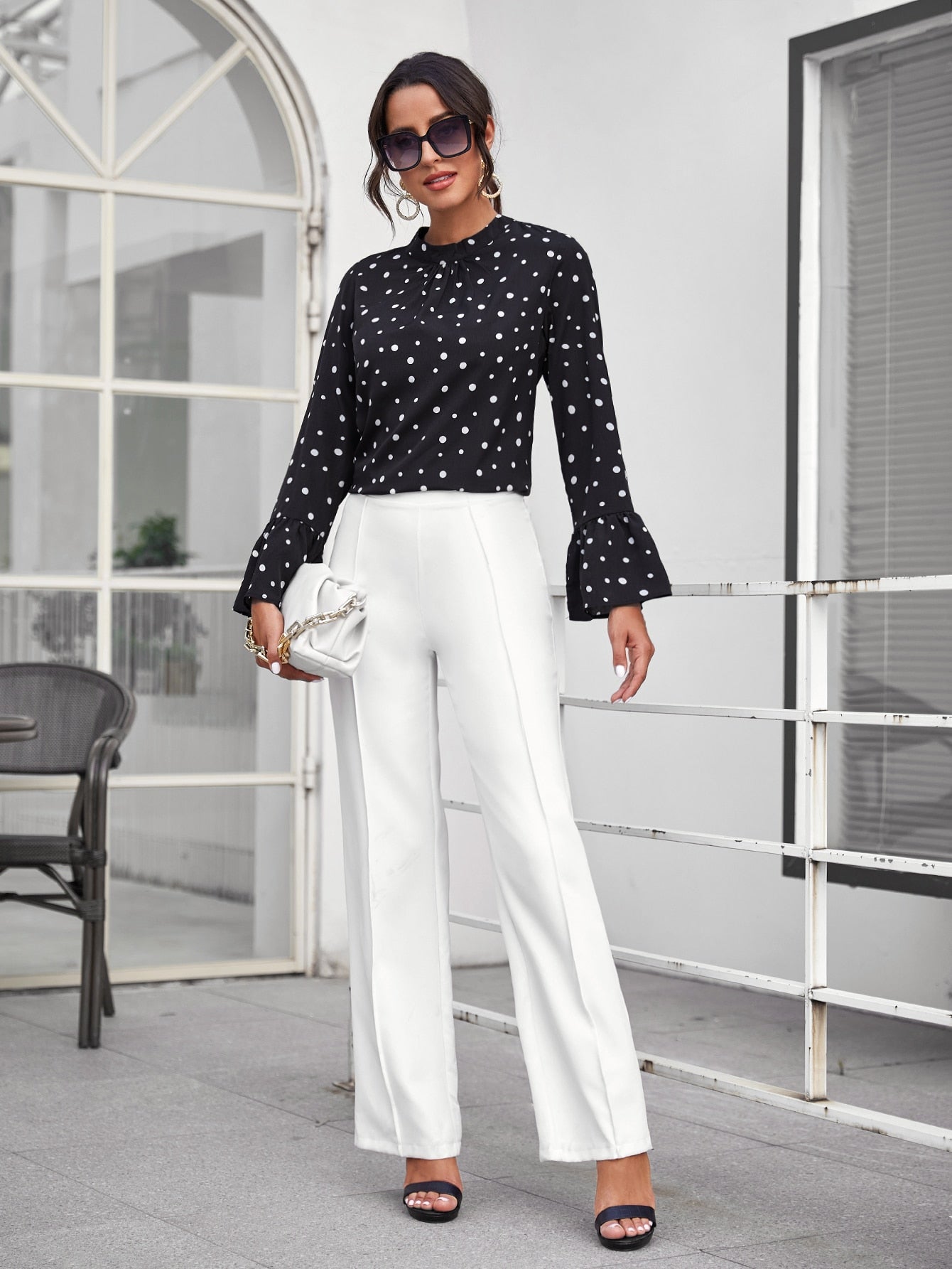 Bell Sleeve Polka Dot Ruched Front Top