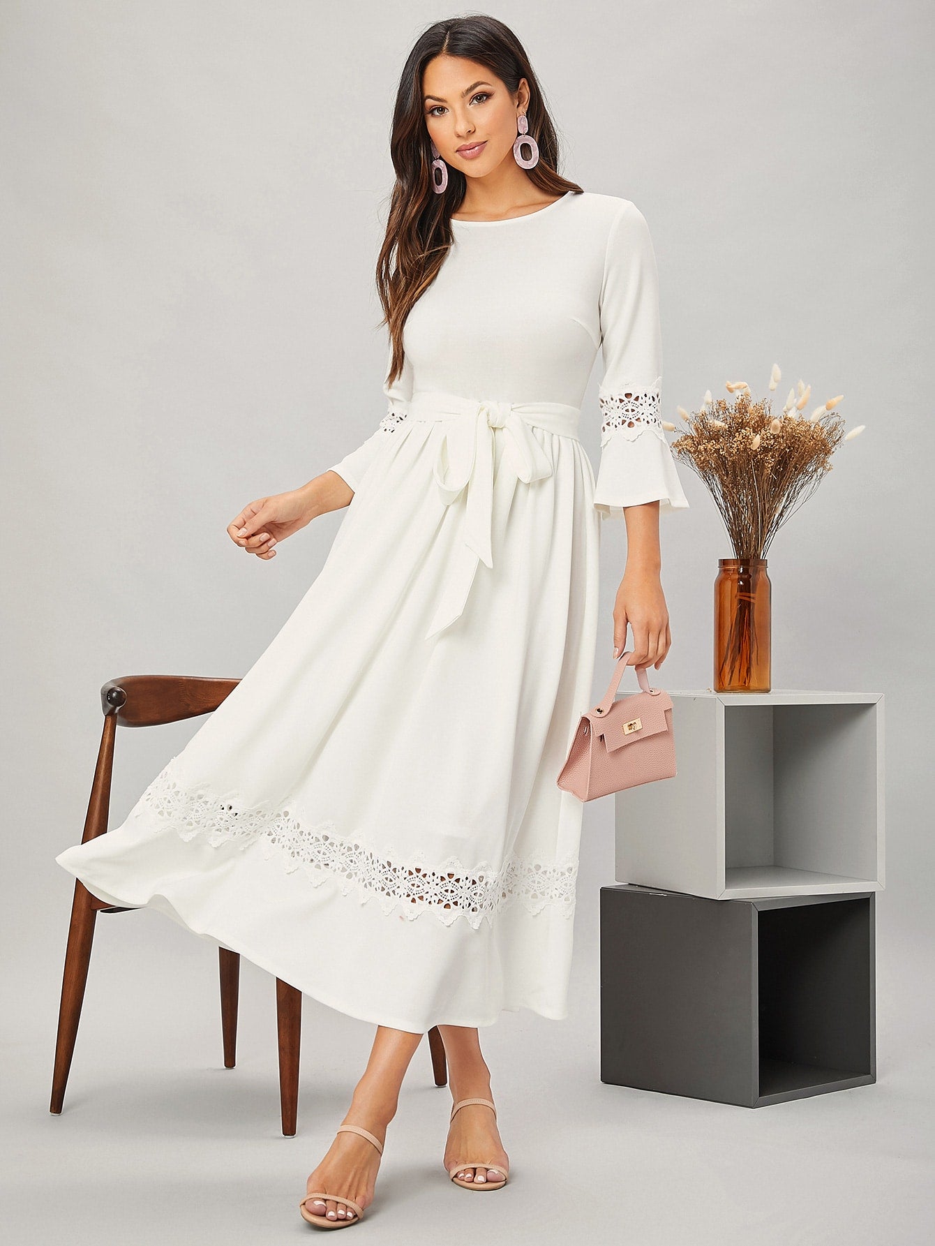 Guipure Lace Insert Self Belted Dress