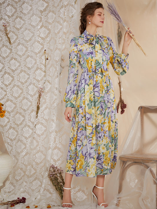 Floral Print Tie Neck Shirt Dress