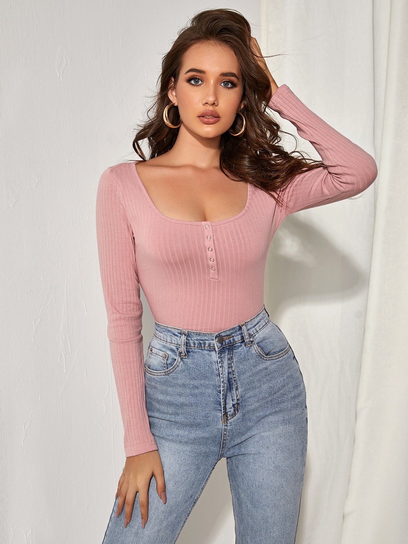 Buttoned Front Rib-knit Fitted Top