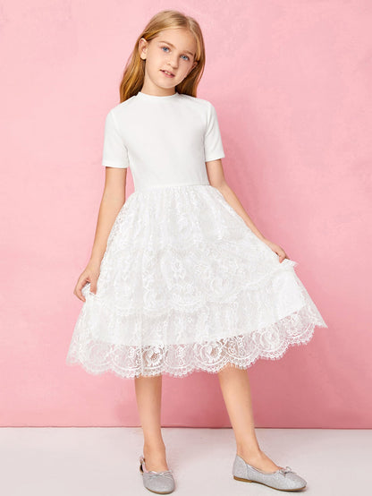 Girls Layered Eyelash Lace Ruffle Hem Dress