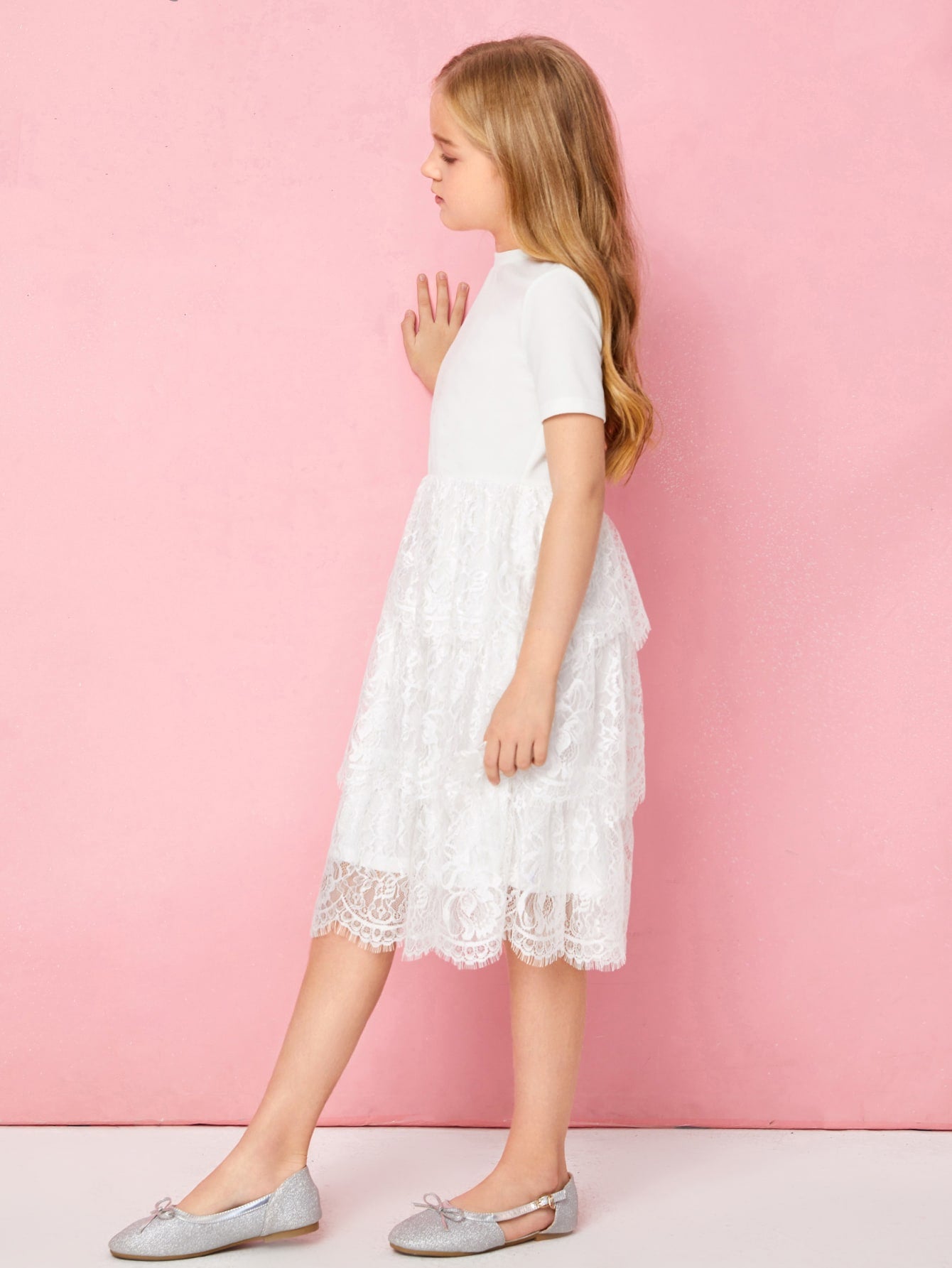 Girls Layered Eyelash Lace Ruffle Hem Dress