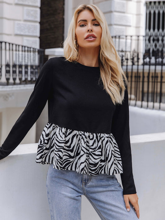 Zebra Striped Ruffle Hem Top