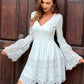 Lace Up Knot Bell Sleeve Waffle Knit Lace Dress