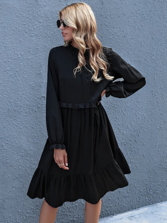 Tie Neck Frill Trim Ruffle Hem Dress