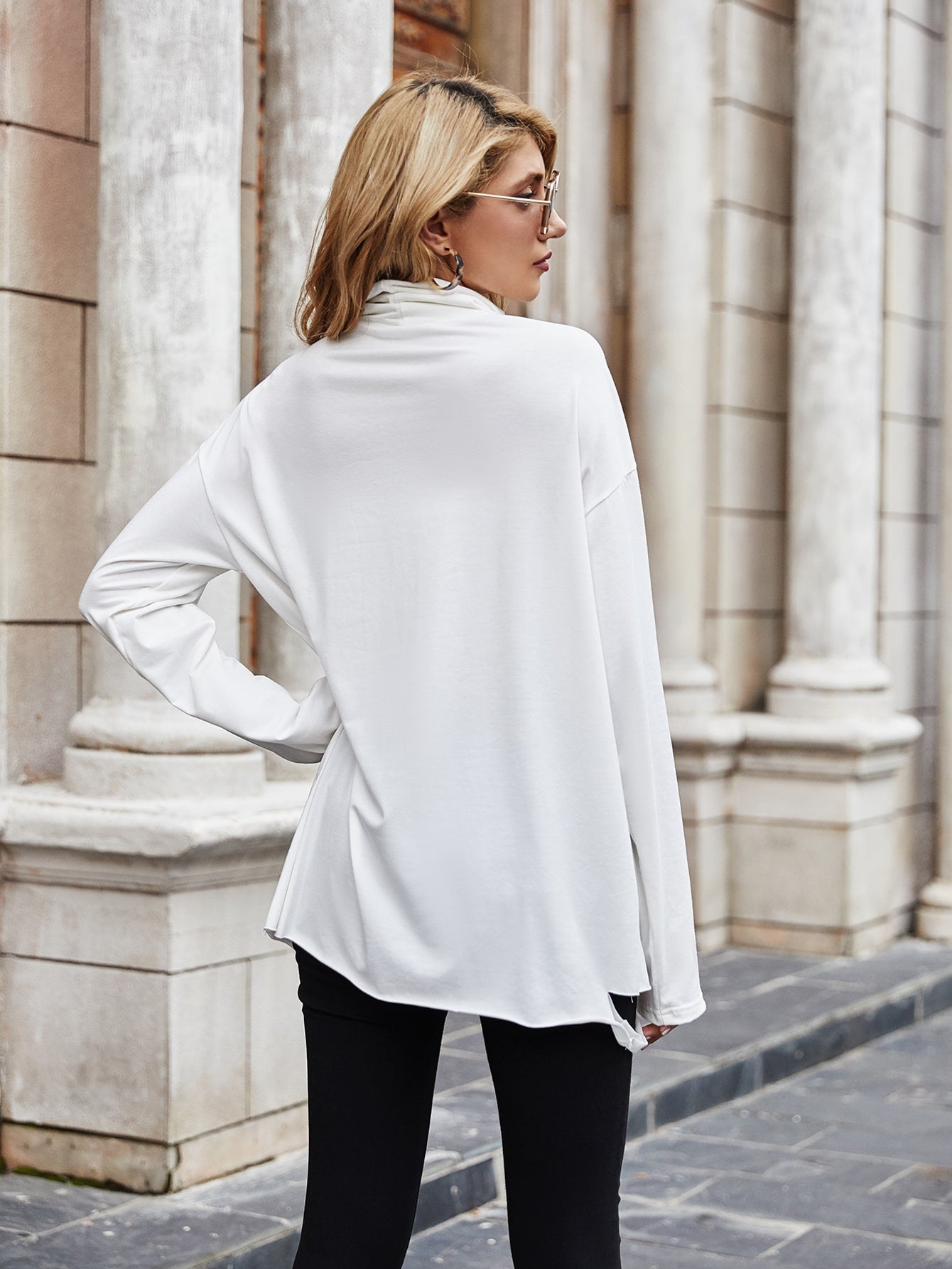 Drop Shoulder Cowl Neck Ripped Tee