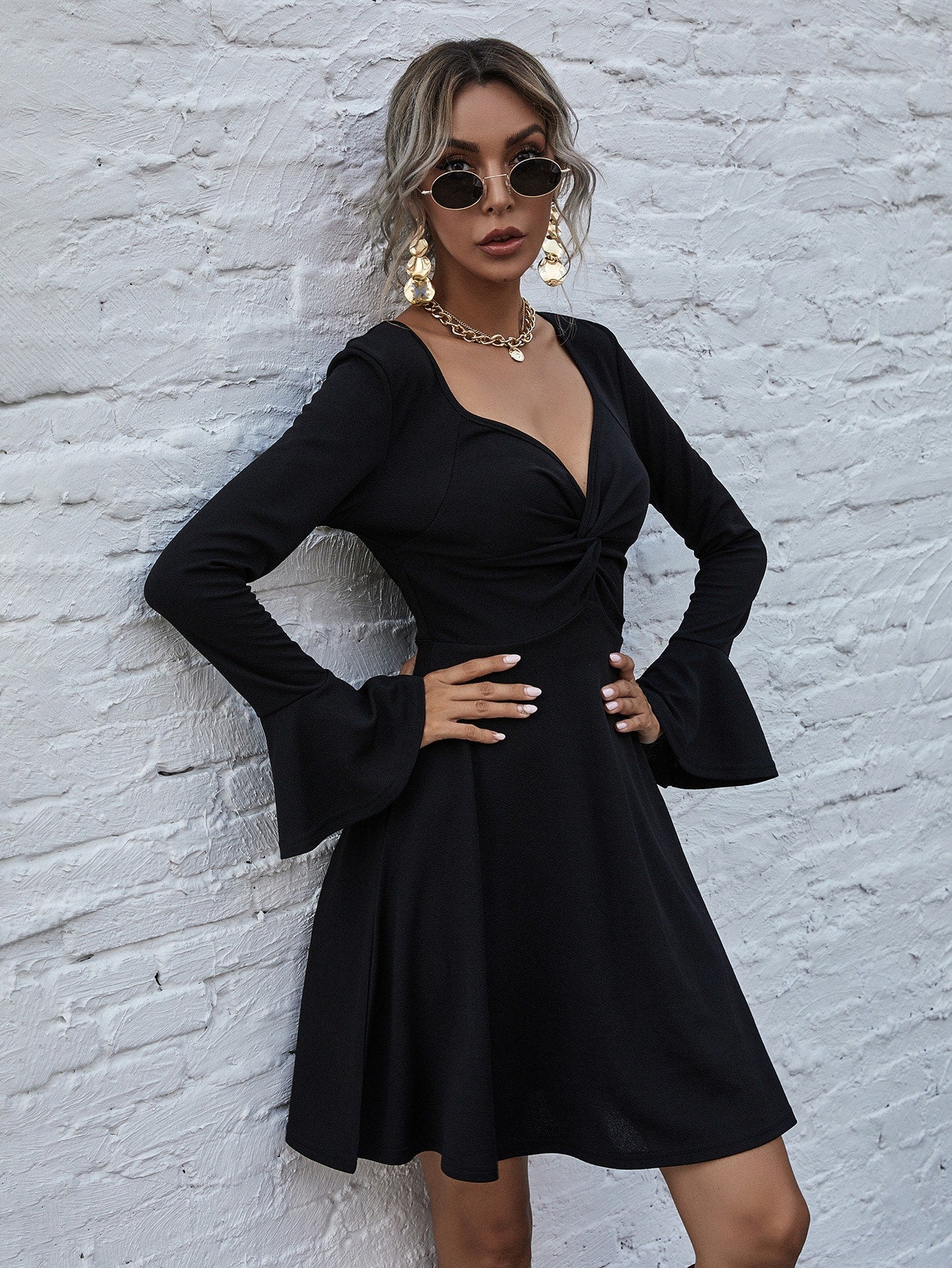 Solid Twist Flounce Sleeve A-line Dress