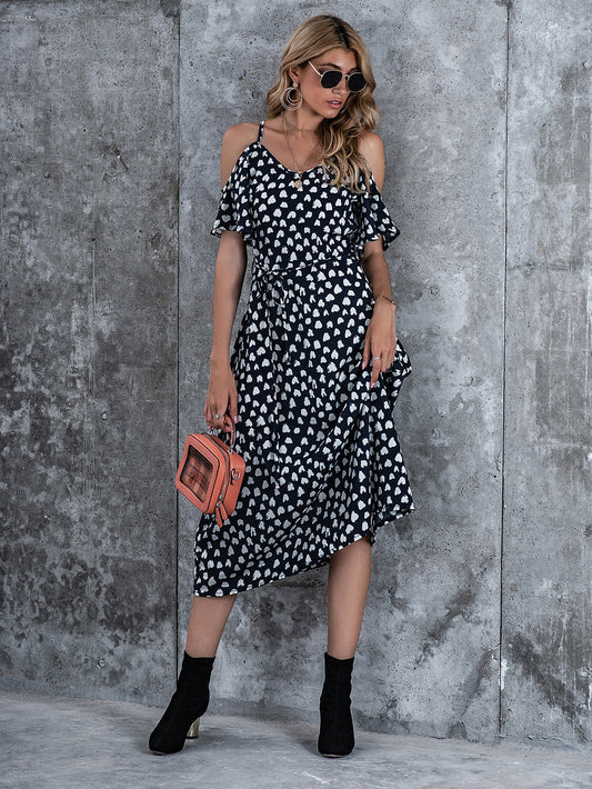 Allover Print Cold Shoulder Belted Dress