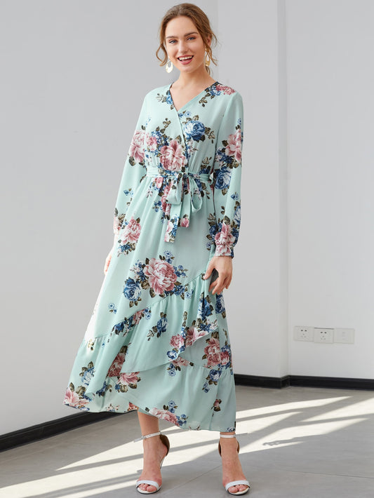Floral Print Wrap Belted Ruffle Asymmetrical Hem Dress