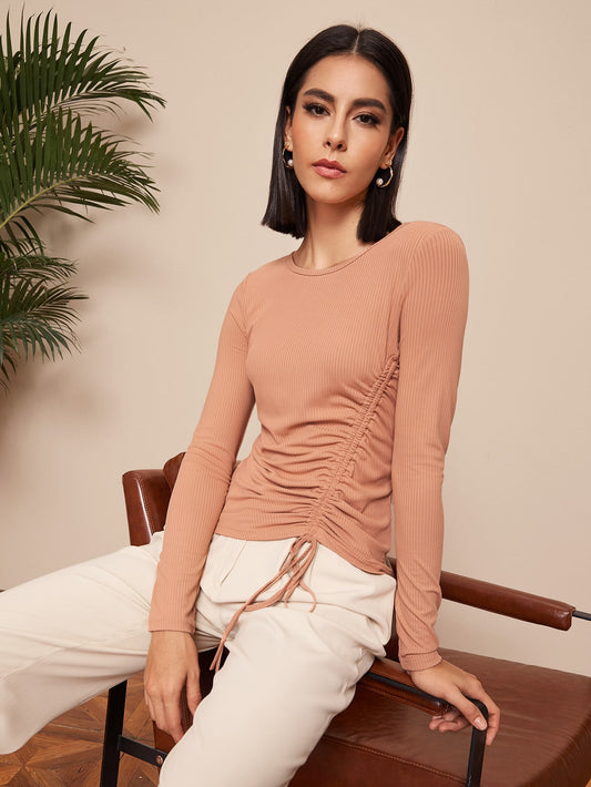 Drawstring Side Rib-Knit Tee