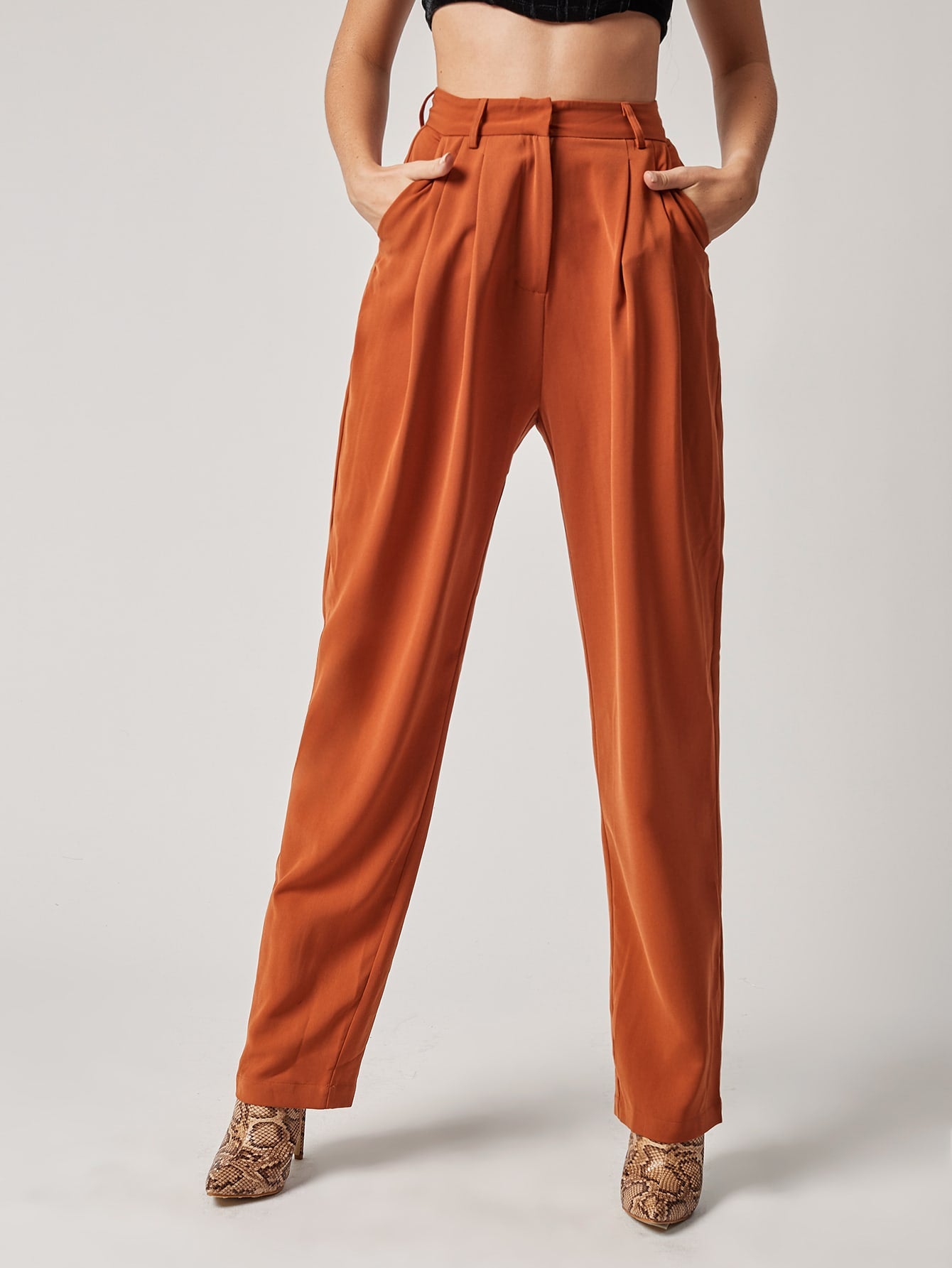 Zipper Fly Fold Pleated Solid Tailored Pants