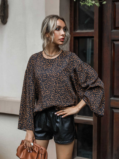 Keyhole Back Bell Sleeve Allover Print Top