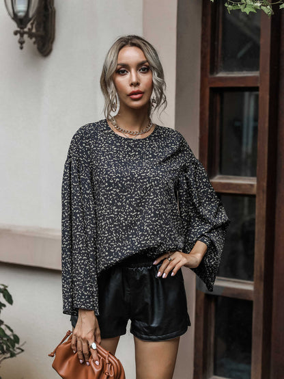 Keyhole Back Bell Sleeve Allover Print Top