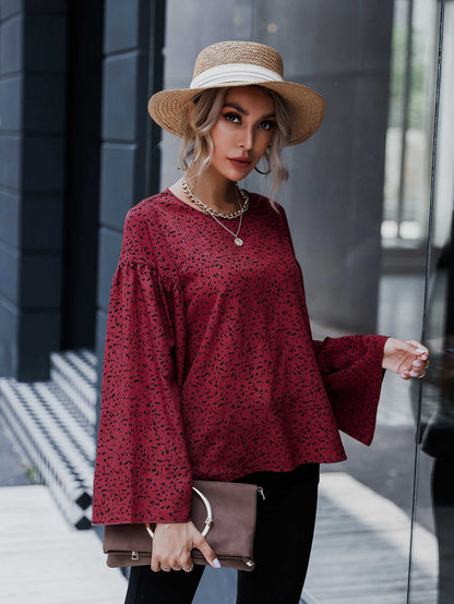 Keyhole Back Bell Sleeve Allover Print Top