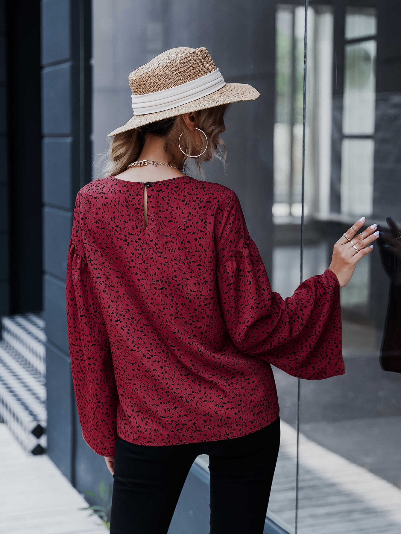 Keyhole Back Bell Sleeve Allover Print Top
