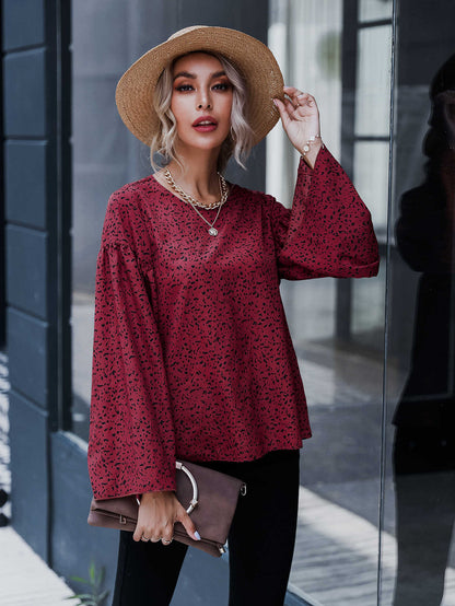 Keyhole Back Bell Sleeve Allover Print Top