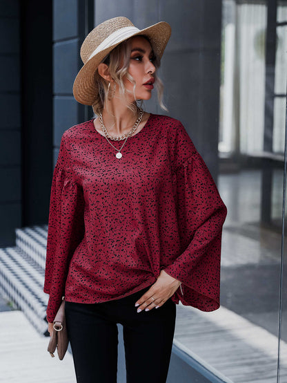 Keyhole Back Bell Sleeve Allover Print Top