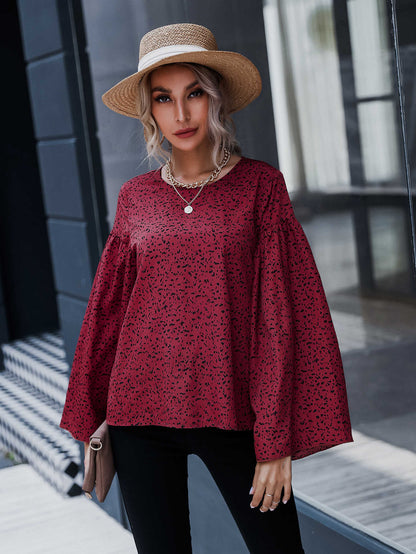 Keyhole Back Bell Sleeve Allover Print Top